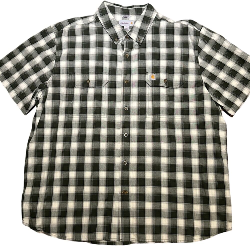 Carhartt Mens 2XL Green and White Buffalo Plaid Short Sleeve Shirt